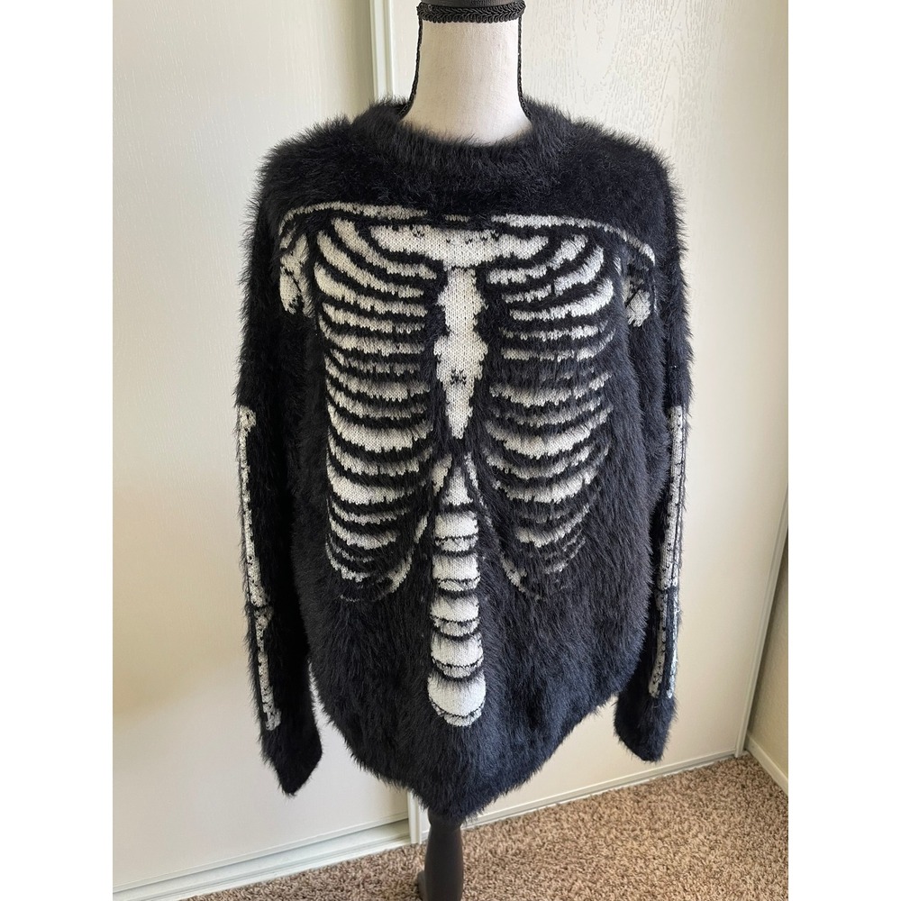 Aelfric Eden Skeleton Sweater Black Fuzzy Knit Gothic Grunge Streetwear Pullover